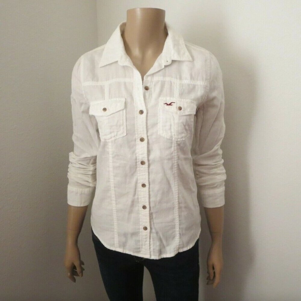 Hollister Womens White Solid Button Down Shirt Size Small